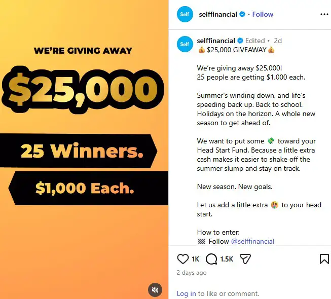 Self Financial cash prize sweepstakes: Win $25,000 Cash + Exclusive Gear